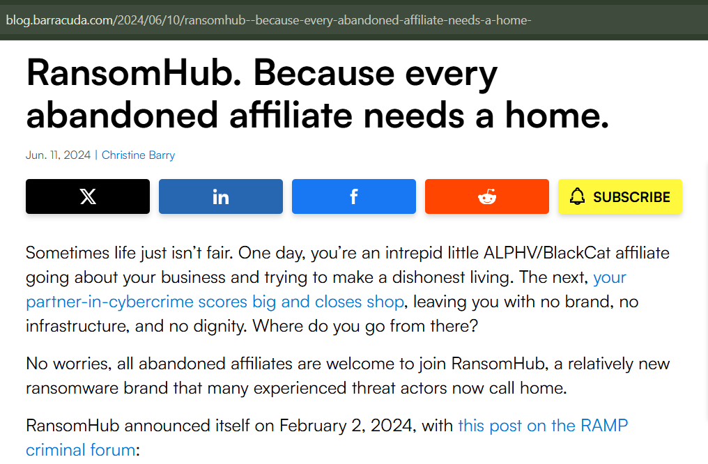 Barracuda blog post titled "RansomHub. Because every abandoned affiliate needs a home." Published Jun. 11, 2024. Text reads: "RansomHub announced itself on February 2, 2024, with this post on the RAMP criminal forum."